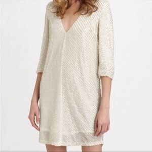 ERIN by Erin Fetherston Ivory Bugle Beaded V Neck Shift Mini Dress - Size 6